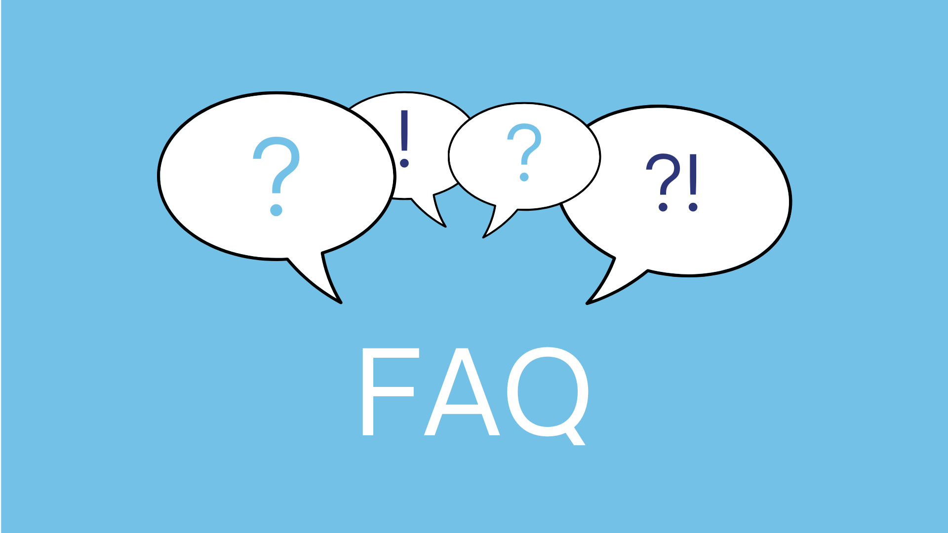 Grafik mit dem Titel ‚FAQ‘ und Sprechblasen mit Frage- und Ausrufezeichen