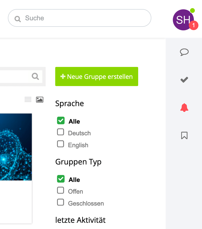 Benutzeroberfläche zur Gruppenerstellung mit Filteroptionen nach Sprache und Gruppentyp