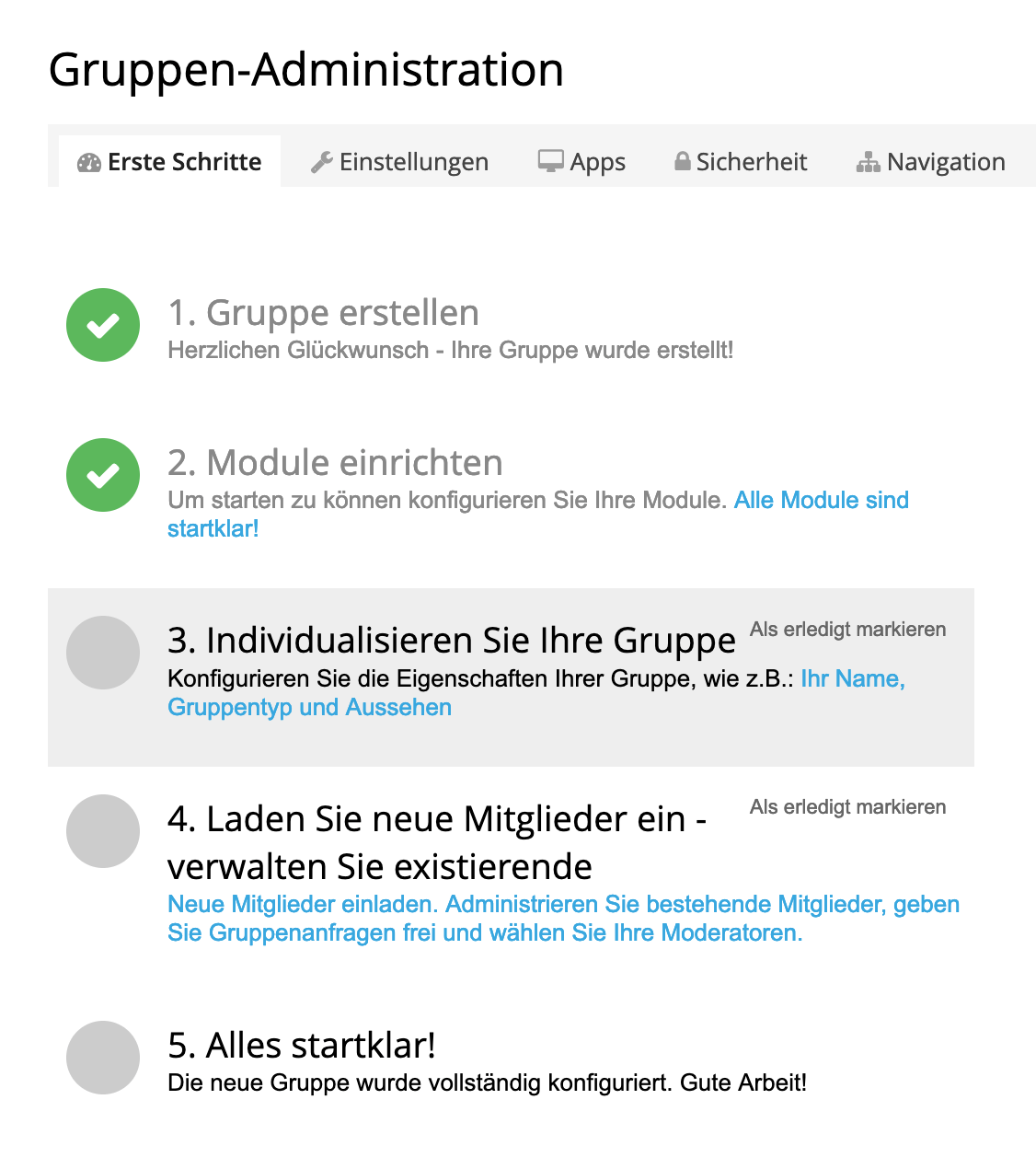 Ansicht der Gruppen-Administration mit Schritt-für-Schritt Anleitung