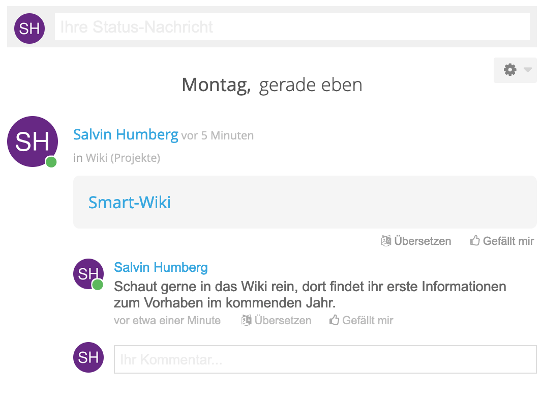 Status-Nachricht im Social Feed mit Kommentar und Wiki-Link