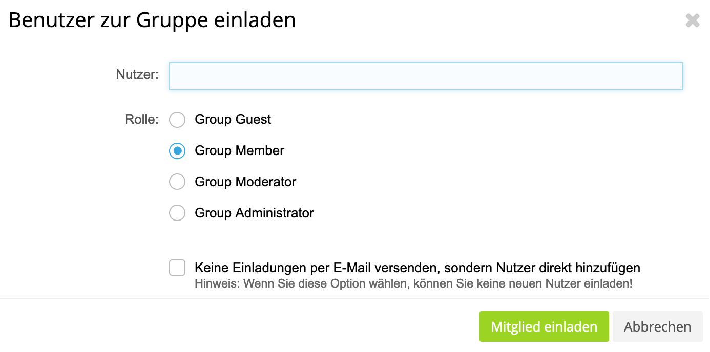 Dialogfenster zum Einladen neuer Nutzer mit Auswahl der Gruppenrolle