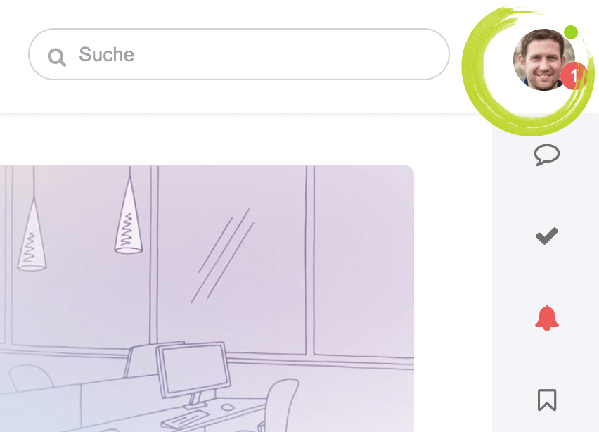 Intranet Benutzeroberfläche mit Suchleiste, Profilbild und Benachrichtigungssymbolen