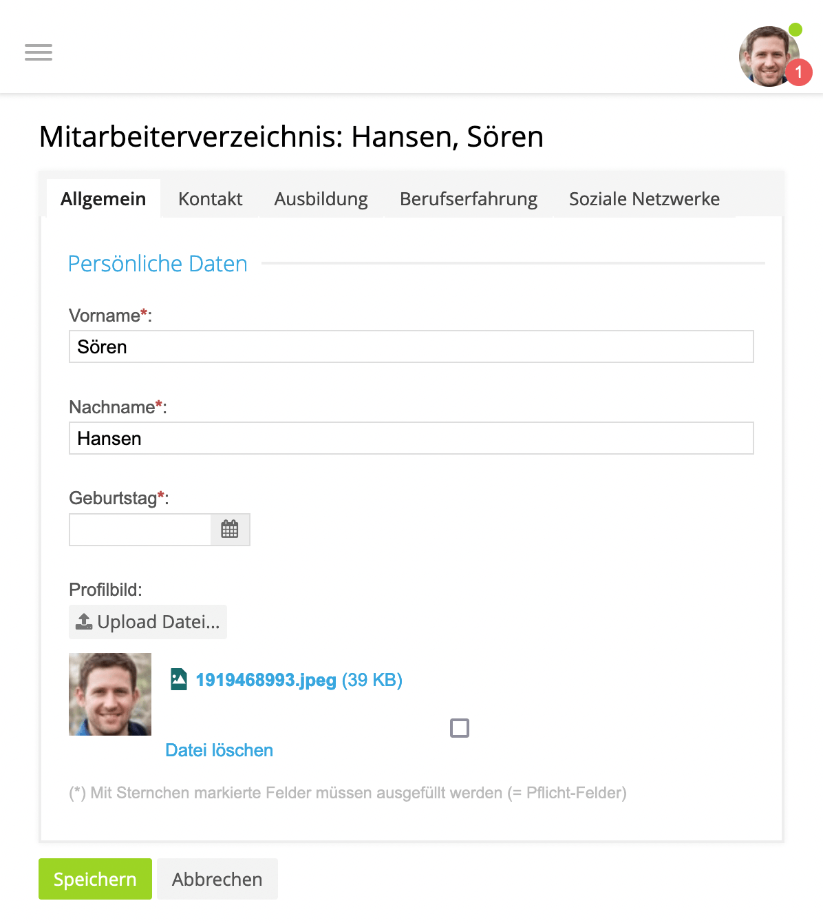 Mitarbeiterverzeichnis mit Eingabeformular für persönliche Daten und Profilbild Upload