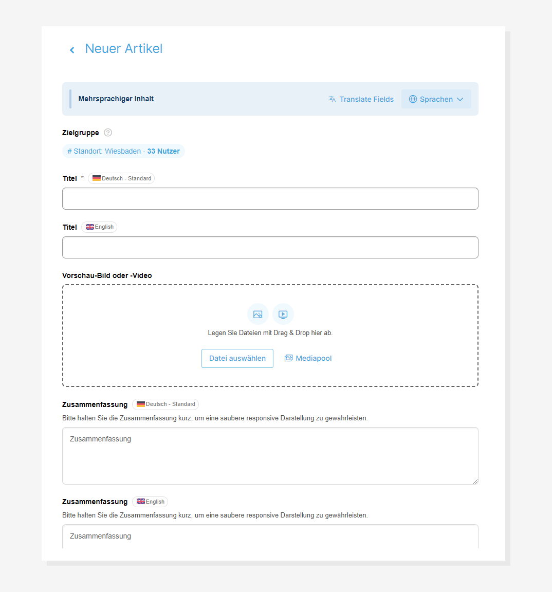 Formular zur Erstellung eines neuen mehrsprachigen Artikels mit Datei-Upload