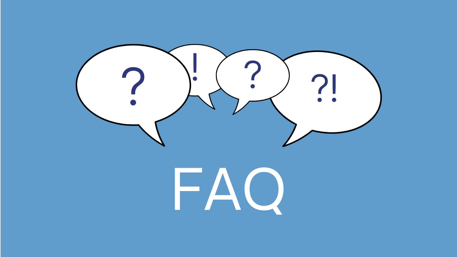 Grafik mit dem Titel ‚FAQ‘ und Sprechblasen mit Frage- und Ausrufezeichen