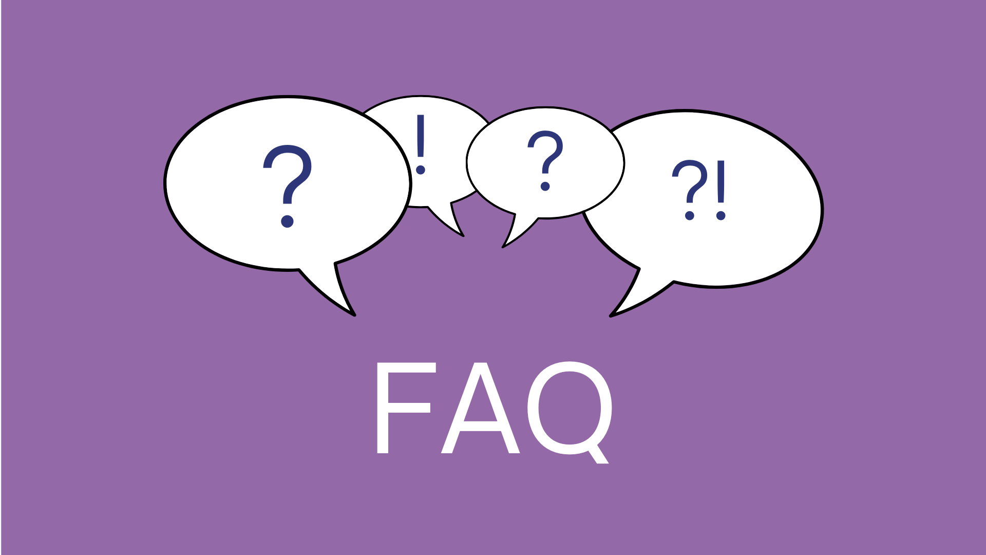 Grafik mit dem Titel ‚FAQ‘ und Sprechblasen mit Frage- und Ausrufezeichen